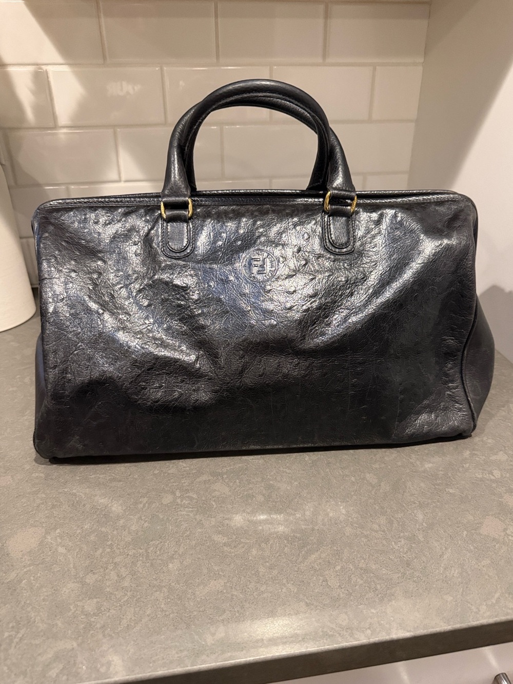 Fendi Black Ostrich Boston Bag Duffel